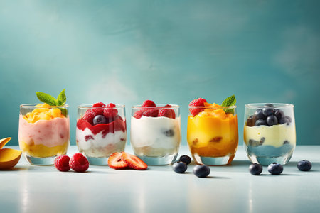 Fruit dessert with yogurt, raspberries, blueberries, mango and currantsの素材