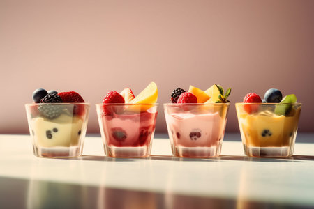 Fruit dessert in a glass on a light background. Toned.の素材