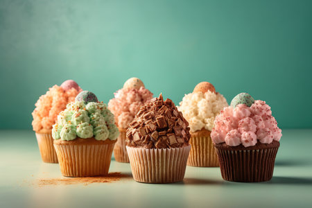 Colorful cupcakes with whipped cream and sprinkles on green backgroundの素材