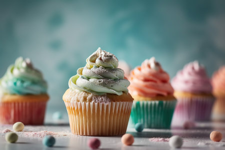 Delicious cupcakes with butter cream and sprinkles on light backgroundの素材