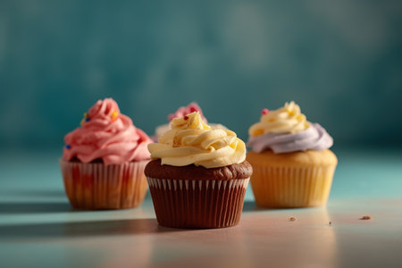 Cupcakes with colorful frosting and sprinkles on blue backgroundの素材