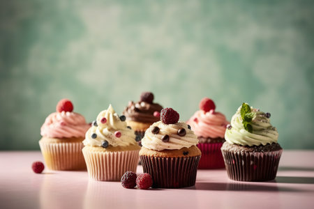 Cupcakes with buttercream frosting on a blue background.の素材