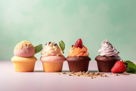 Cupcakes with colorful frosting and sprinkles on white tableの素材
