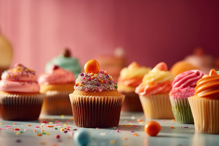 Colorful cupcakes with cream and strawberry on pastel background.の素材