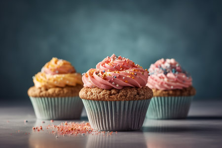 Colorful cupcakes on a wooden table. Selective focus.の素材