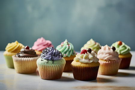 Cupcakes with pink frosting and colorful sprinkles on blue backgroundの素材