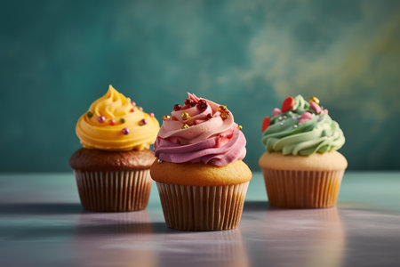 Colorful cupcakes on a blue background. Toned image.の素材