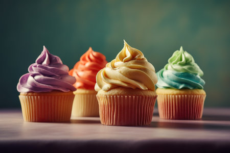 Cupcakes with colorful cream on wooden table. Toned.の素材