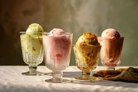 Mixed ice cream scoops in glass on table. Selective focusの素材