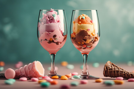 Two glasses of ice cream with chocolatehmallows and candiesの素材