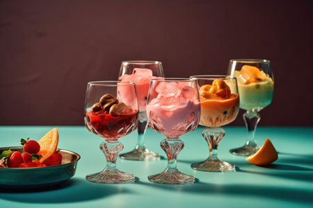 Different types of fruit desserts in glasses on a blue background, selective focusの素材