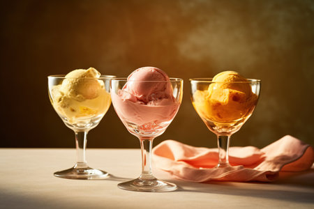 Scoops of ice cream in glasses with orange napkin.の素材