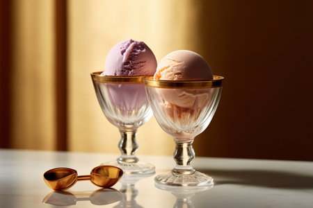 Scoops of ice cream in glasses on table, closeupの素材