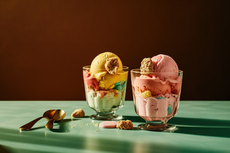 Scoops of colorful ice cream in glass on green table.の素材