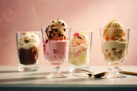 Delicious ice cream in glasses on table against pink background, closeupの素材