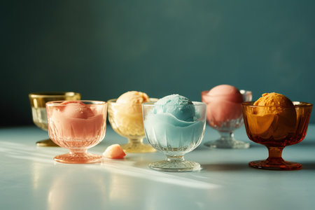 Ice cream scoops of different colors in glass bowls on blue backgroundの素材