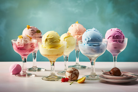 Set of colorful ice cream scoops in glasses on blue background.の素材