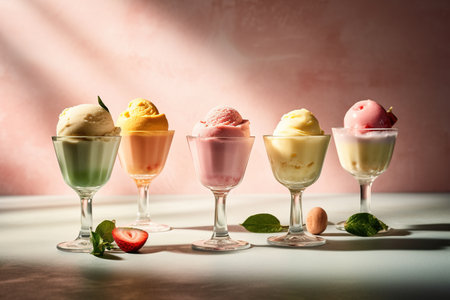 Ice cream scoops in glass on white table and pink wall backgroundの素材
