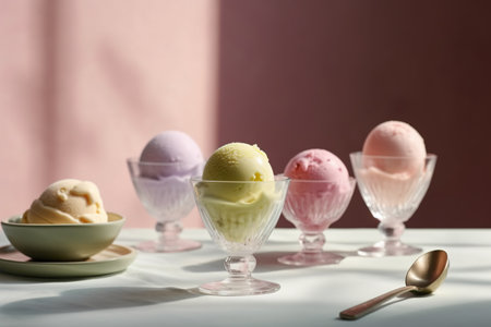 Ice cream scoops in glass bowls on white table against color wallの素材