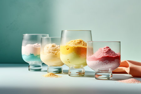 Colorful ice cream in glasses on light blue background, selective focusの素材