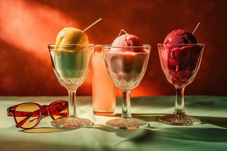 Colorful ice cream in glasses on a dark background. Selective focus.の素材