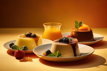 Panna cotta with berries and orange juice on a yellow backgroundの素材