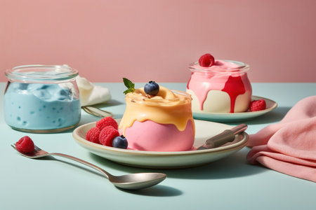 Delicious yogurt with fresh berries on light blue table, closeupの素材