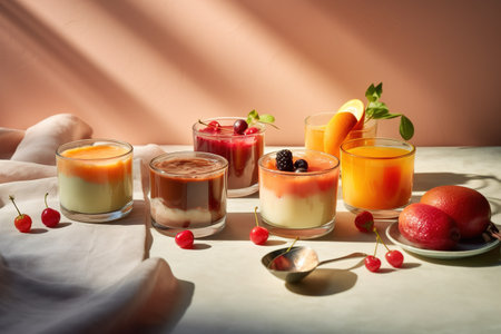 Three glasses with different types of desserts on a light background with shadowsの素材