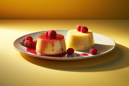 Panna cotta with raspberries on a yellow background.の素材