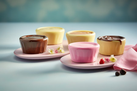 Chocolate candies on a light blue background. Toned.の素材