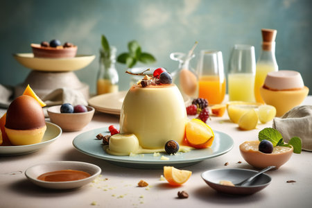 Vanilla pudding with fruits and berries served with fresh orange juice, selective focusの素材