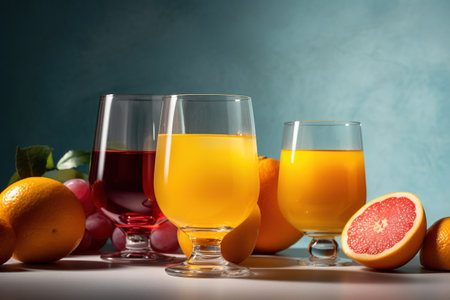 Orange, grapefruit and orange juice in glasses on a blue backgroundの素材