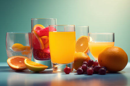 Glasses with different kinds of juice and fruits on a blue backgroundの素材