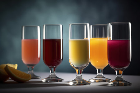 Colorful drinks in glasses on a dark background. Selective focus.の素材