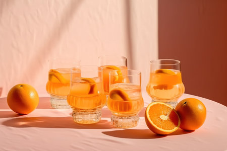 Orange juice with ice cubes and slices of fresh orange on a white tableの素材
