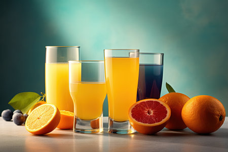 Orange, grapefruit and orange juice in glasses on a blue backgroundの素材