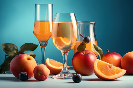 Still life with glasses of apricot juice and fruits on blue backgroundの素材