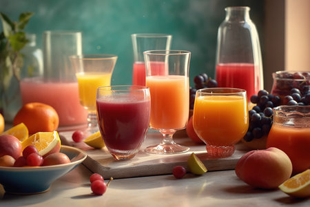 Variety of fresh fruit juices in glasses on wooden table. Selective focusの素材