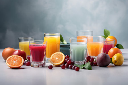 Glasses with different juices and fresh fruits on table against color backgroundの素材