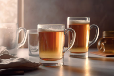 Glasses of tasty beer on table against blurred background, closeupの素材
