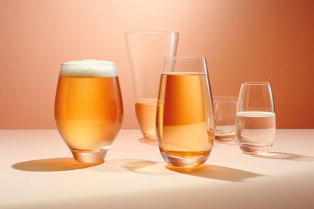 Three glasses of beer on a white table and orange background with shadowsの素材