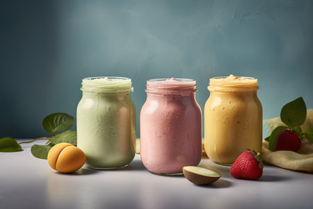 Fruit smoothies in a glass jar on a gray background.の素材
