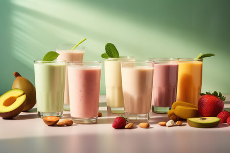 Fruit smoothies with banana, strawberry, kiwi, avocado, almond and mint on white tableの素材