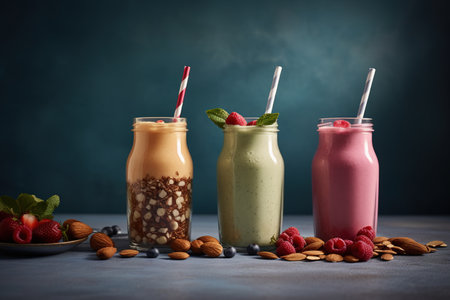 Healthy smoothies with raspberries, blueberries and almondsの素材