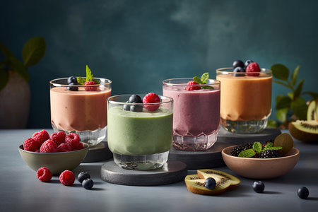 Smoothies with blueberries, strawberries and kiwi in glassesの素材