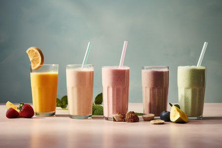 Smoothies in a glass on a wooden table, selective focusの素材