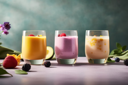 Glasses of tasty smoothie with berries on table, closeupの素材