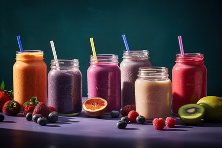 Colorful smoothies in jars with straws and fruits on dark backgroundの素材
