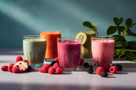 Fruit smoothies in glasses with berries on a blue background.の素材