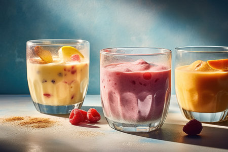 Fruit smoothies with raspberries and blueberries in glassesの素材